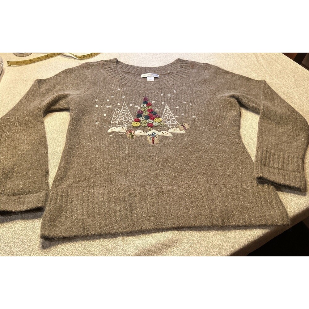 Christopher & Banks Christmas Tree Sweater Womens M Tan Silk Blend Button